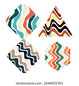 Colorful Wavy Pattern Set in Geometric Shapes Triangle, Hexagon, and Rounded Squares. Perfect Abstract Background for Modern, Seamless, and Retro-Inspired Designs.