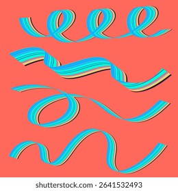 Colorful Wavy Ribbon Elements for Graphic Design. Vibrant Striped Ribbon Set on Coral Background. Decorative Twisted Ribbons with Retro Color Palette