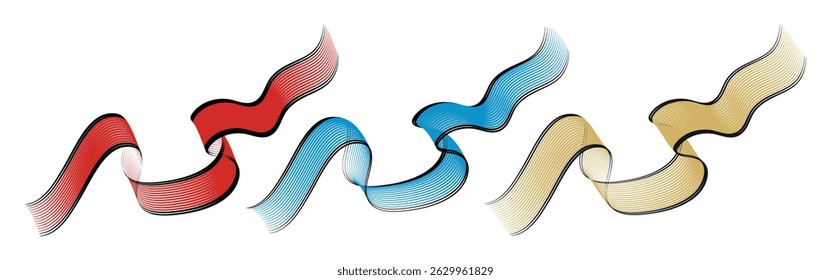 Colorful wavy ribbon vector set – red, blue, and gold gradient lines.