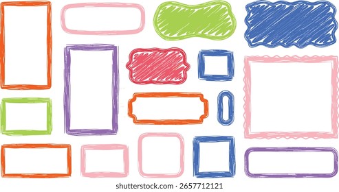 Quadros ondulados coloridos e retângulos. Formas de retângulo com contorno negrito grunge, bolhas de fala vazias, caixas de texto.