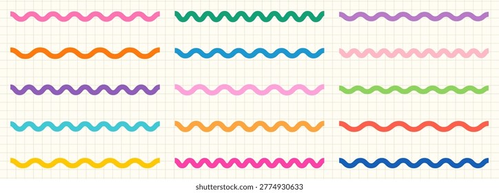  Colorful wavy squiggly vector lines set, cute rainbow wiggly border dividers for kids school worksheets, digital planning and scrapbook design