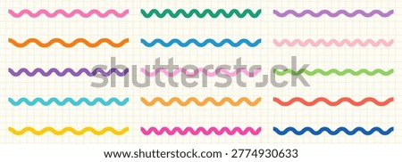  Colorful wavy squiggly vector lines set, cute rainbow wiggly border dividers for kids school worksheets, digital planning and scrapbook design