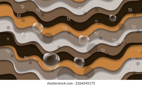 Fondo ondulado colorido a rayas con efecto 3D. Burbujas claras de distintos tamaños sobre rayas multicolores superpuestas con bordes ondulados. Vector.