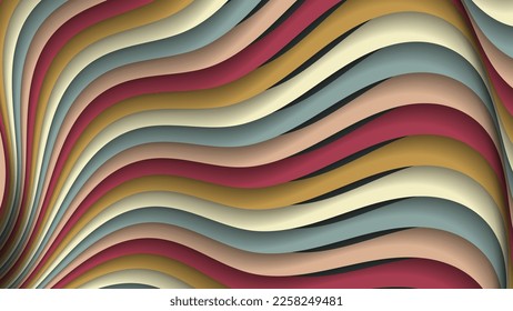 Colorido fondo rayado ondulado. Las franjas onduladas multicolores que abundan forman una superficie modelada. Vector.
