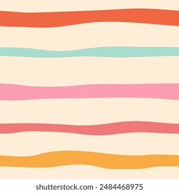 Colorful wavy stripes vector seamless pattern. Modern minimal repeat design with hand drawn wobbly stripes on cream background. Retro geometric tile for kids apparel, home textile, packaging, media