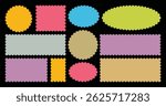 Colorful wavy zigzag edge or retro border. Groovy framework pattern silhouette art. Retro scallop frames, rectangles, circles, photo frames, text boxes, tags, labels.  Wave and curvy borders.