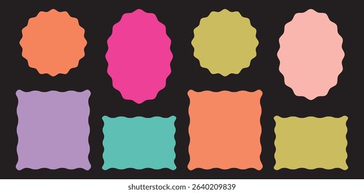 Colorful wavy zigzag edge or retro border. Set of zigzag and wavy edge stickers in rectangle, oval and circle shapes. Vector jagged geometric designs. Zig zag edge rectangle shape collection.
