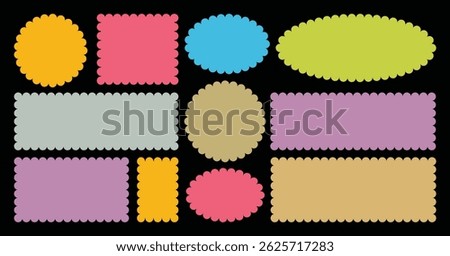 Colorful wavy zigzag edge or retro border. Groovy framework pattern silhouette art. Retro scallop frames, rectangles, circles, photo frames, text boxes, tags, labels.  Wave and curvy borders.