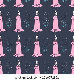 Colorful wax candle seamless pattern. Burning wax light vector illustration. Hand drawn glim wallpaper. Birthday celebration party design. EPS 8