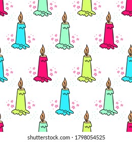 Colorful wax candles seamless pattern. Burning wax light vector illustration. Hand drawn glim wallpaper design. EPS 8