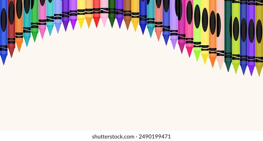 Colorful wax crayon frame illustration. Education School Supply - Black, Indigo, Blue, Turquoise, Teal, Green, Yellow, Orange, Red, Pink, Purple, Brown, and Gray Crayons Isolated 