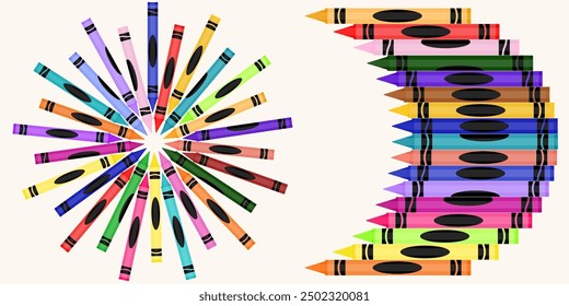 Colorful wax crayon frame illustration. Education School Supply - Black, Indigo, Blue, Turquoise, Teal, Green, Yellow, Orange, Red, Pink, Purple, Brown, and Gray Crayons Isolated 