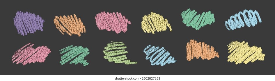 Colorful wax crayon scribble set on a dark background. Rough, hand-drawn pastel strokes, ideal for creative designs, artistic backgrounds, kids' illustrations, and chalkboard-style effects.