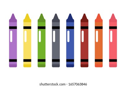 Colorful wax flat crayons, vector set collection isolated on white background