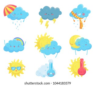 Colorful weather forecast icons. Funny cartoon sun and clouds. Adorable faces with various emotions. Flat vector for mobile app, social network sticker, children book or print