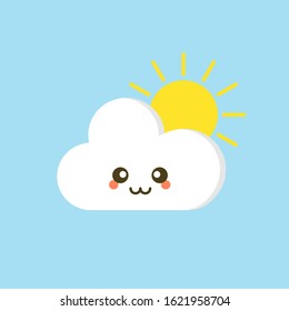 Colorful weather forecast icons. Funny cartoon sun and clouds. Adorable faces with various emotions. Flat vector for mobile app, social network sticker, children book or print. Cloud with sun