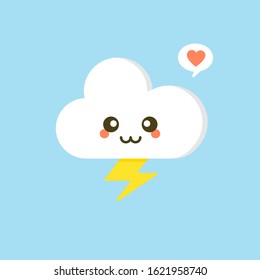 Colorful weather forecast icons. Funny cartoon sun and clouds. Adorable faces with various emotions. Flat vector for mobile app, social network sticker, children book or print. Cloud with lightning