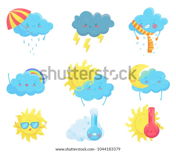 Colorful Weather Forecast Icons Funny Cartoon Stock Vector
