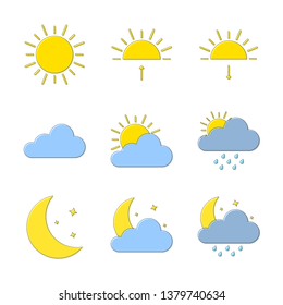 Colorful weather icon set with shadow for website or mobile app. Modern additional elements. Design flat and outline symbols for different seasons.