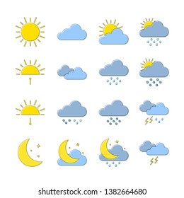 Colorful weather icon set with shadow for website or mobile app. Modern additional elements. Design flat and outline symbols for different seasons.