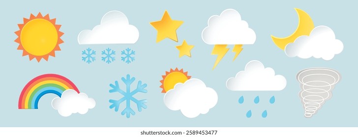 Colorful weather icons include sun, clouds, rainbow, snowflakes, stars, and moon. Weather symbols like sun, clouds, and rainbow in bright, playful design. Weather illustrations, element vector set.