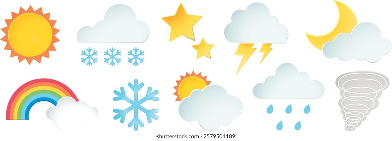 Colorful weather icons including sun, clouds, stars, moon, rainbow, snowflakes, lightning, raindrops, and tornado. Bright and playful weather symbols. Weather illustrations, isolated element vectors.