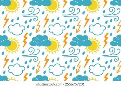 Colorful weather pattern featuring sun, clouds, rain, and lightning in a playful design