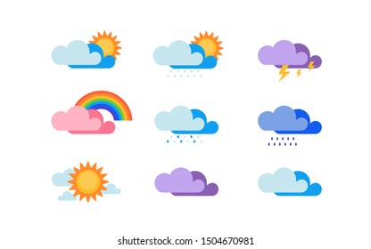 colorful weather set collection cloud sun moon star  raimbow rain wind on white background