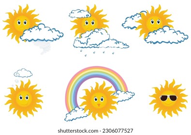 Colorful weather set collection cloud, sun, rainbow, rain, wind with face eyes emotion on white background.