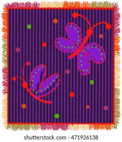 Colorful weave carpet with vertical zigzag stripes,applique of stylized butterfly and fringe