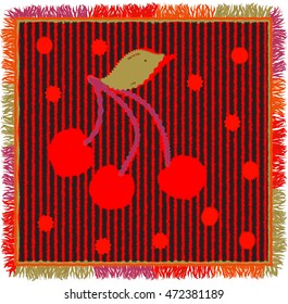 Colorful weave carpet with vertical zigzag stripes,applique of stylized cherry and fringe