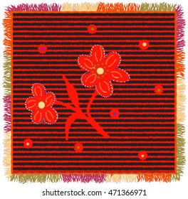 Colorful weave carpet with zigzag horizontal stripes,floral applique and fringe