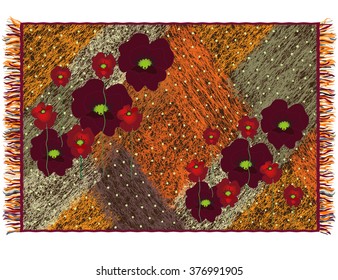 Colorful weave grunge striped tapestry with applique of red poppies and fringe