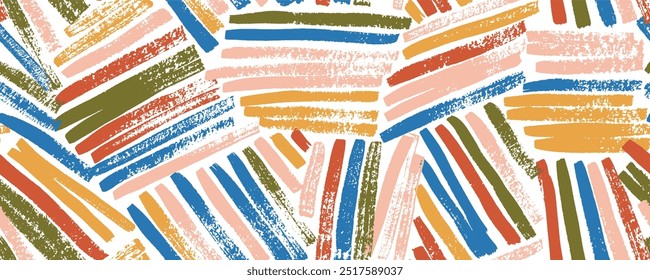 Colorful weave seamless pattern with straight brush stokes. Rough textures lines in different direction. Intricate basket or bamboo texture. Hand drawn childish style seamless banner background.