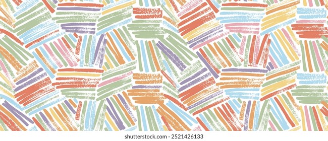 Colorful weave seamless pattern with straight brush stokes. Rough textures lines in different direction. Intricate basket or bamboo texture. Hand drawn childish style seamless banner background.