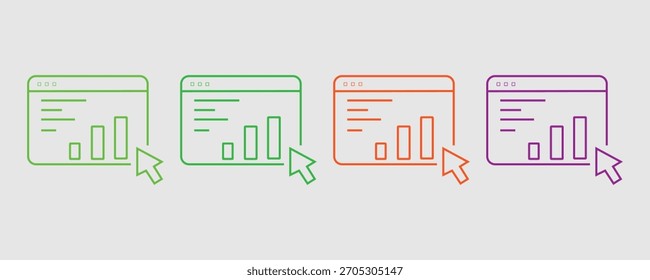 Ícones Coloridos do Web Analytics: Gráficos de Barras em Janelas do Navegador com Interação do Clique do Mouse