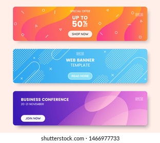 Colorful web banner concept with push button. Collection of horizontal promotion banners with gradient colors and abstract dynamic shapes. Header design for website. Vibrant background.
