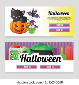 colorful web banner halloween theme with black cat magic potion vector illustration