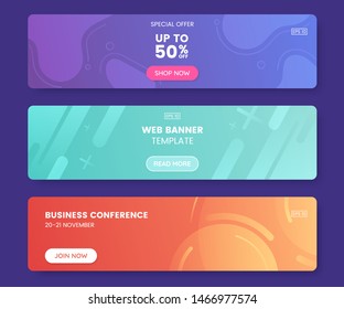 Colorful web banner with push button. Collection of horizontal promotion banners with gradient colors and abstract geometric backdrop.Header design. Vibrant coupon template. Vector eps 10