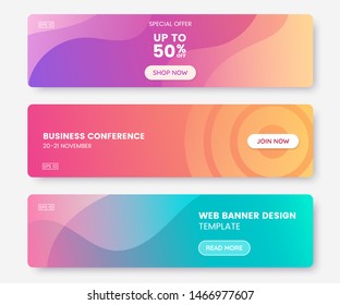 Colorful web banner with push button. Collection of horizontal promotion banners with pastel gradient colors and abstract geometric backdrop.Header design. Vibrant coupon template. Vector eps 10