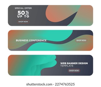 Colorful web banner with push button and dark background. Collection of horizontal promotional banners with abstract fluid shapes. Header design. Coupon template.