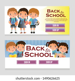 colorful web banner school theme with school kids vector illustration