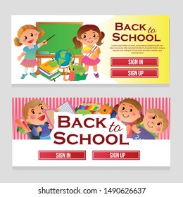 colorful web banner school theme with cartoon kids vector illustration