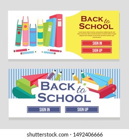 colorful web banner school theme with books flat vector illustration