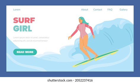 Farbige Web-Banner mit Surfmädchen, die in blauen Wellen surfen. Sommerliche Aktivität für Surfer im Urlaub auf tropischem Meer oder Ozean. Flache Vektorgrafik.