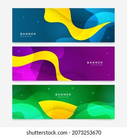 Colorful web banner with wave and geometric shapes. Collection of horizontal promotion banners with vivid vibrant gradient colors and abstract backdrop. Header design. Vibrant coupon template.