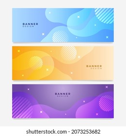 Colorful web banner with wave and geometric shapes. Collection of horizontal promotion banners with vivid vibrant gradient colors and abstract backdrop. Header design. Vibrant coupon template.