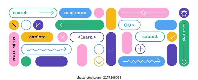 Colorful web buttons. Read more explore submit navigation frames, simple website page menu infographic icons. Vector set