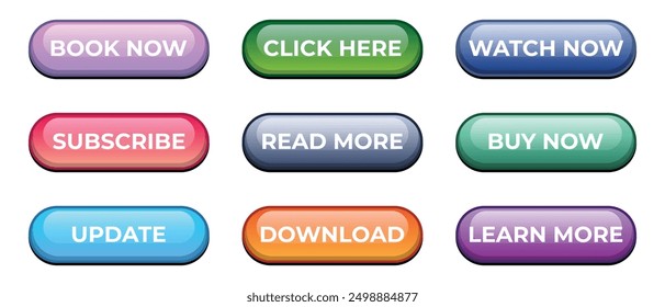 Colorful web buttons set. Read more, learn more, buy now, download, watch now, book now. Web design elements. Vector illustration