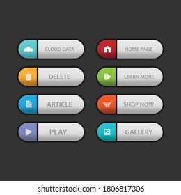 Colorful web design button collection with flat design. Web and ui application color button icon for modern website. Vector icons isolated on dark background